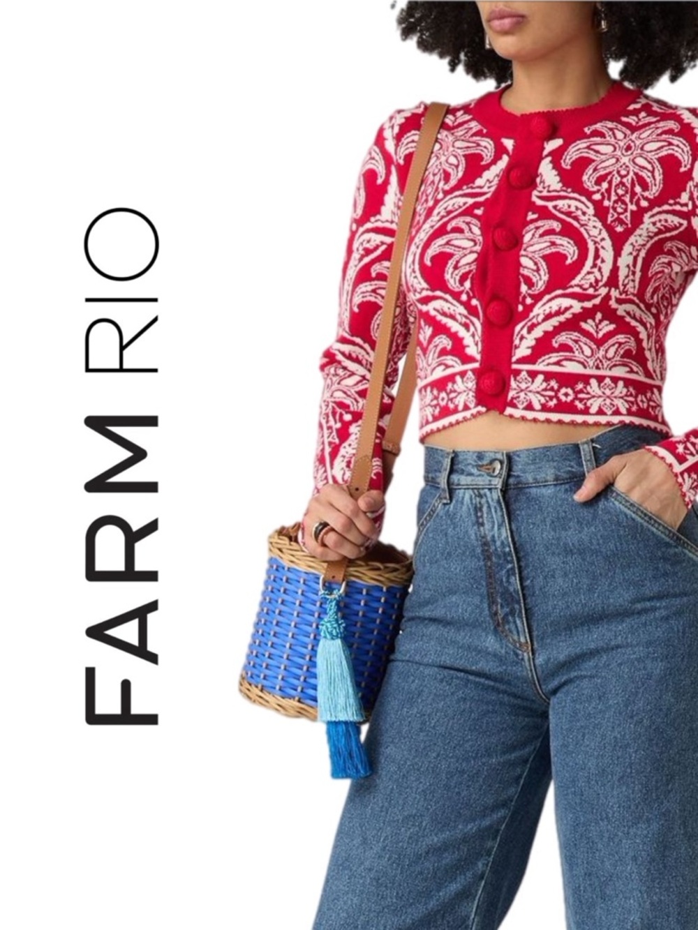 FARM Rio Red Tropical Jacquard Knit Cardigan